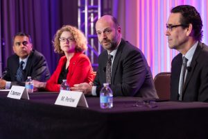 L to R: Sanjay Lamba, Danielle Nicholson Smith, Thoreau Bartmann, Mark Perlow speak at the 2023 Compliance Conference